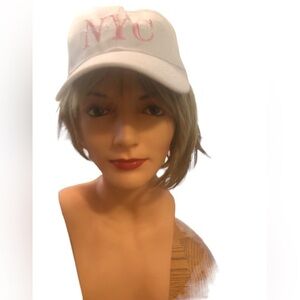 NYC Baseball Cap Embroidered White Pink Hook Loop Adjustable Back OS Casual